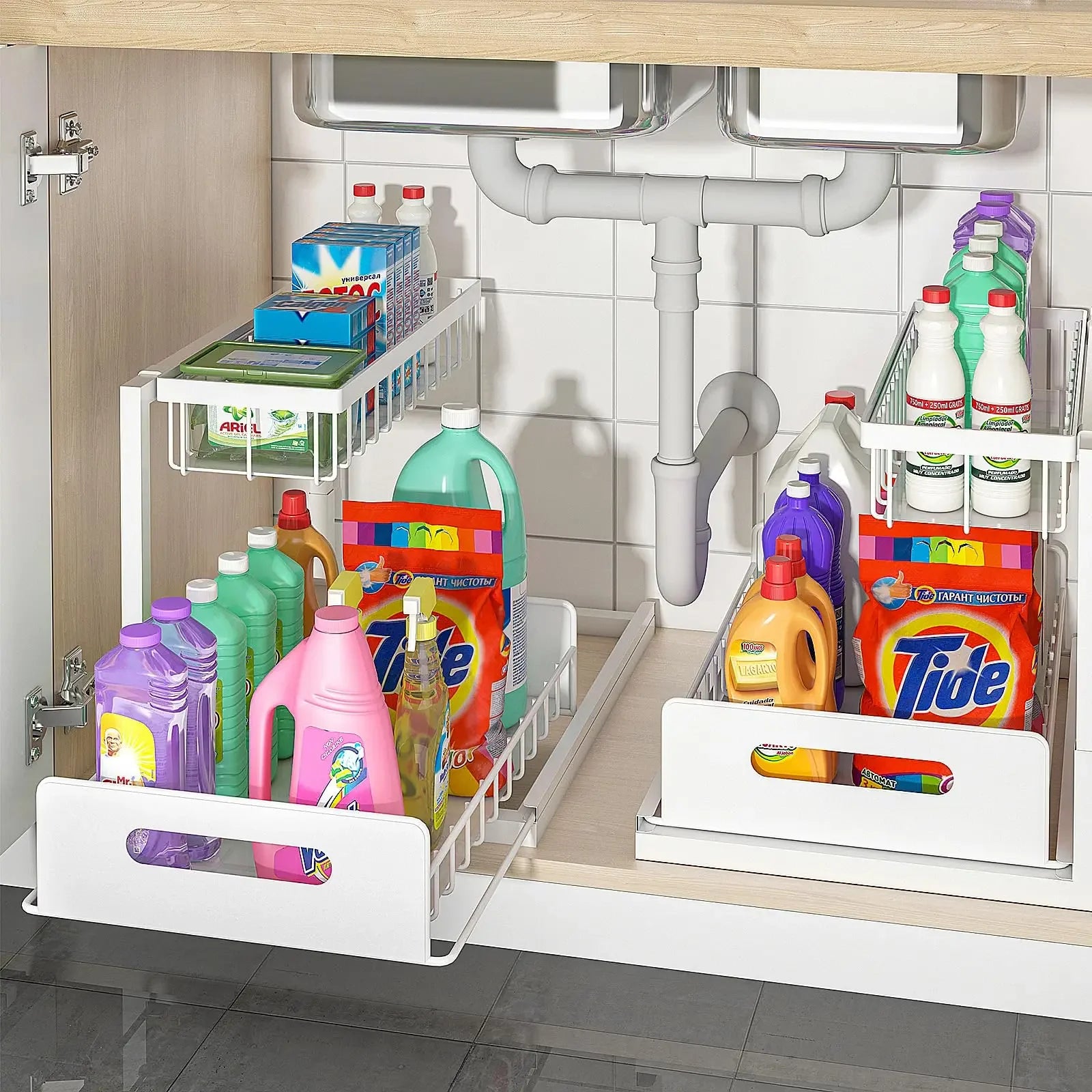 Kitchen Multi-Purpose Storage rack Under Sink 2 Tier Sliding Cabinet Basket Organizer Drawer Spice rack Desktop Bathroom Storage