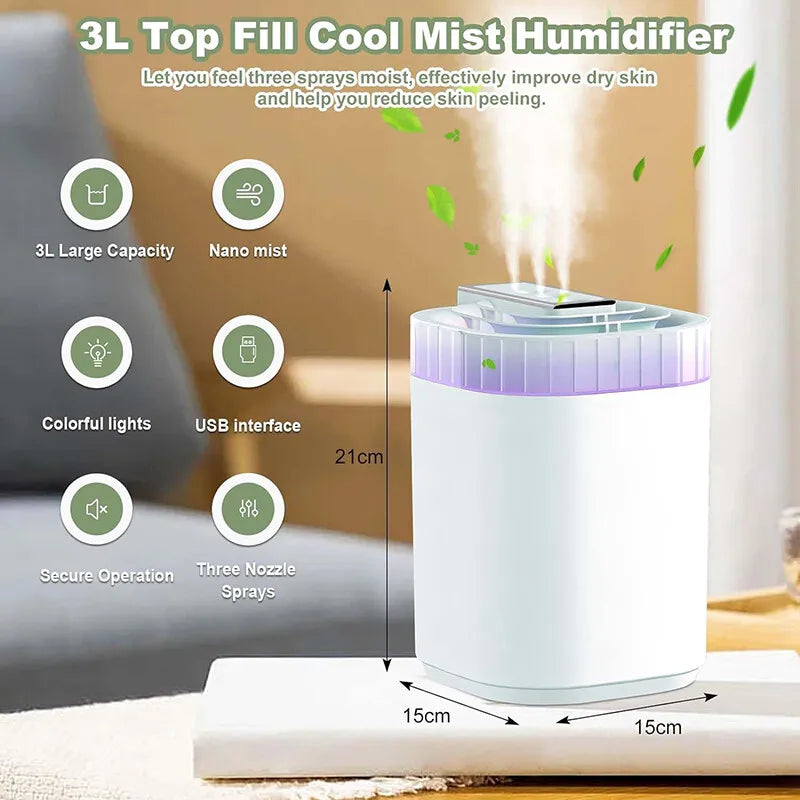3L Ultrasonic Cool Mist Humidifier Quiet Air Humidifier for Bedroom Large Room Office Home Daily Use