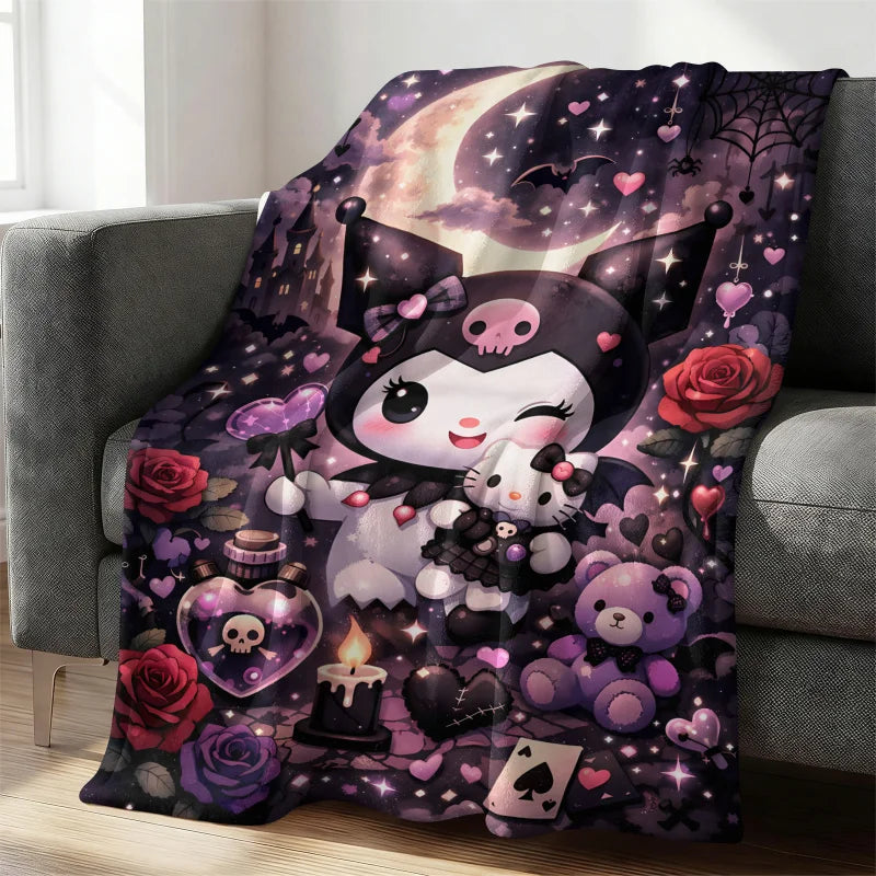 Sanrio Kuromi x Hello Kitty Flannel Blanket Kawaii Gothic Moon Print Soft Cozy Throw for Aesthetic Room Decor Gift