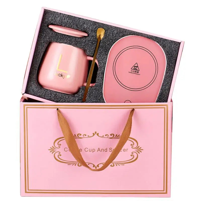 1 Set With Stainless Steel Spoon Gift Kit For Travel Office Gift 55℃ Thermal Ceramic Mug Portable USB Rechargeable Heating Cup