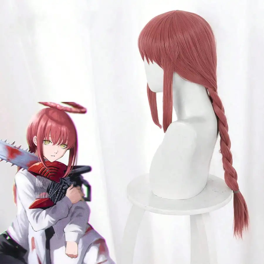 Long Dark Pink Makima Wig Synthetic Anime Cosplay Wigs With One Braid Heat Resistant Cosplay Synthetic Wigs Halloween Party