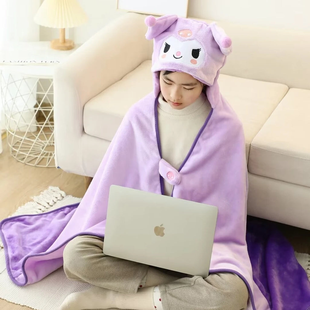 High Quality Kuromi Hooded Cloak Warm Flannel Blanket With Hat Japanese Style Comfortable Nap Blanket For Girl Xmas Gifts
