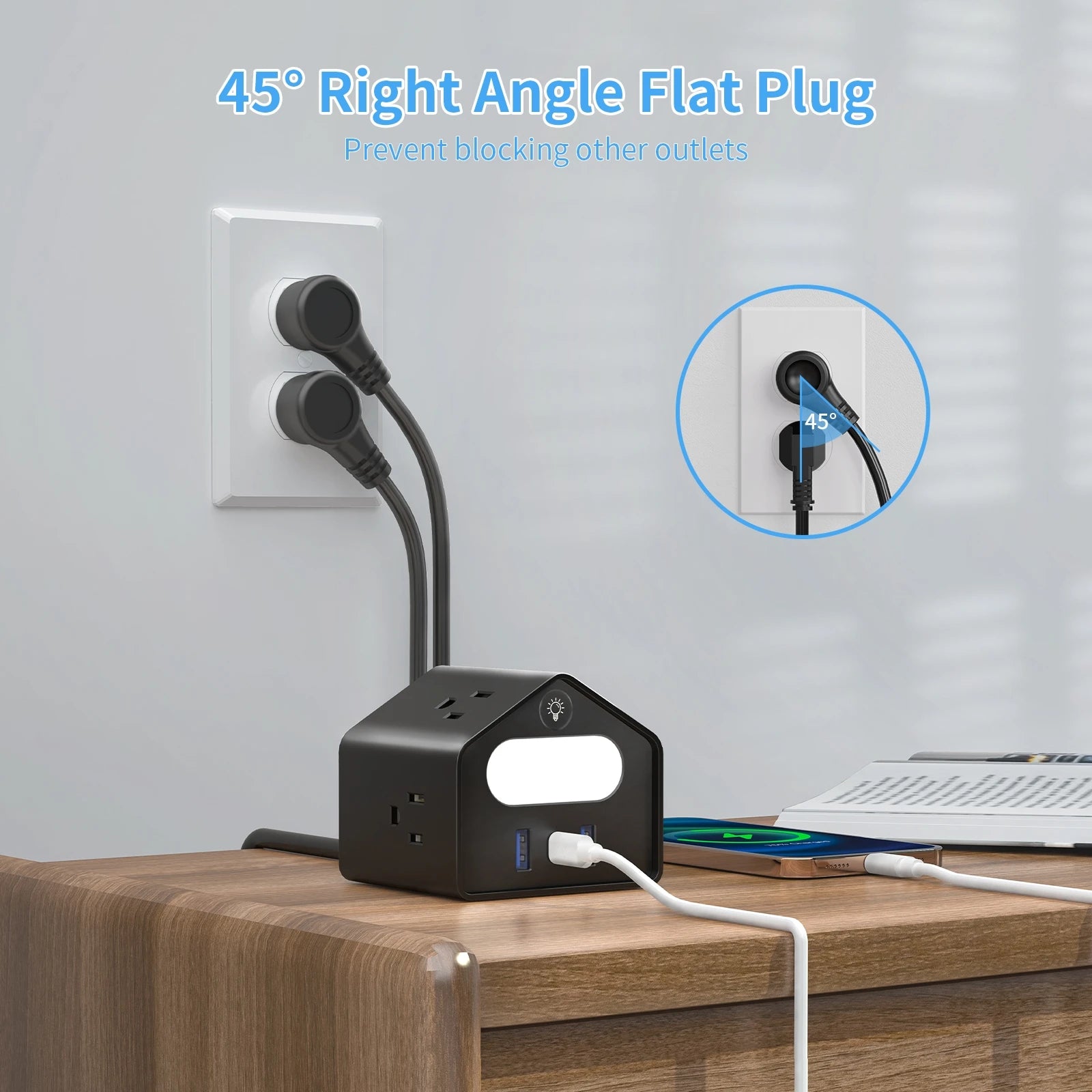 US-standard mini socket with PD18W fast charging, new and creative socket design, 2-meter extension cord, suitable for office, h