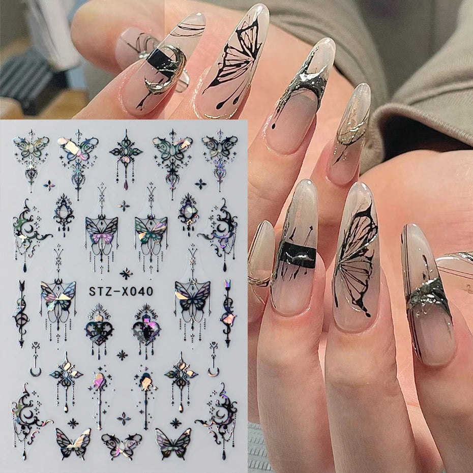 Black White Butterfly Laser Nail Stickers Y2K Nail Art Decoration Abstract Metal Lines Bronzing Lace Flowers Stickers For Nails