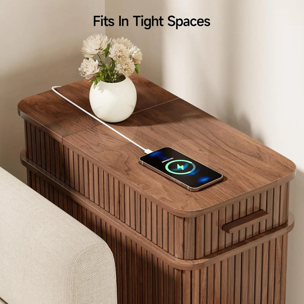 Fluted End Table with Charging Station, Narrow Side Table with Drawers, Wood Skinny Nightstand with Storage,, Customized