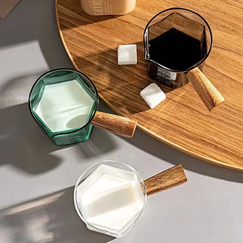 JUSTINLAU 120ML Coffee Extraction Cup High Borosilicate Glass Espresso Cups Single Mouth with Scale Wooden Handle Measuring Mugs