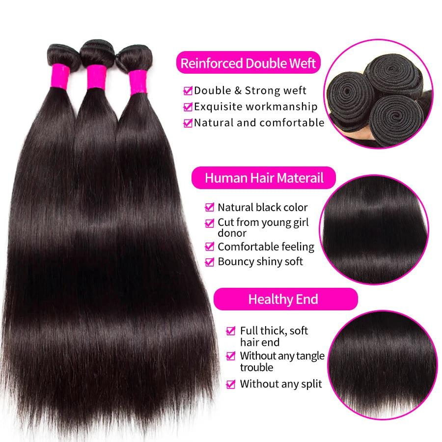 Natural Black Straight Human Hair Bundles 100% Remy Virgin Hair Extensions 1/3/4 PCS Brazilian Hair Weave Bundles 14-30 Inches