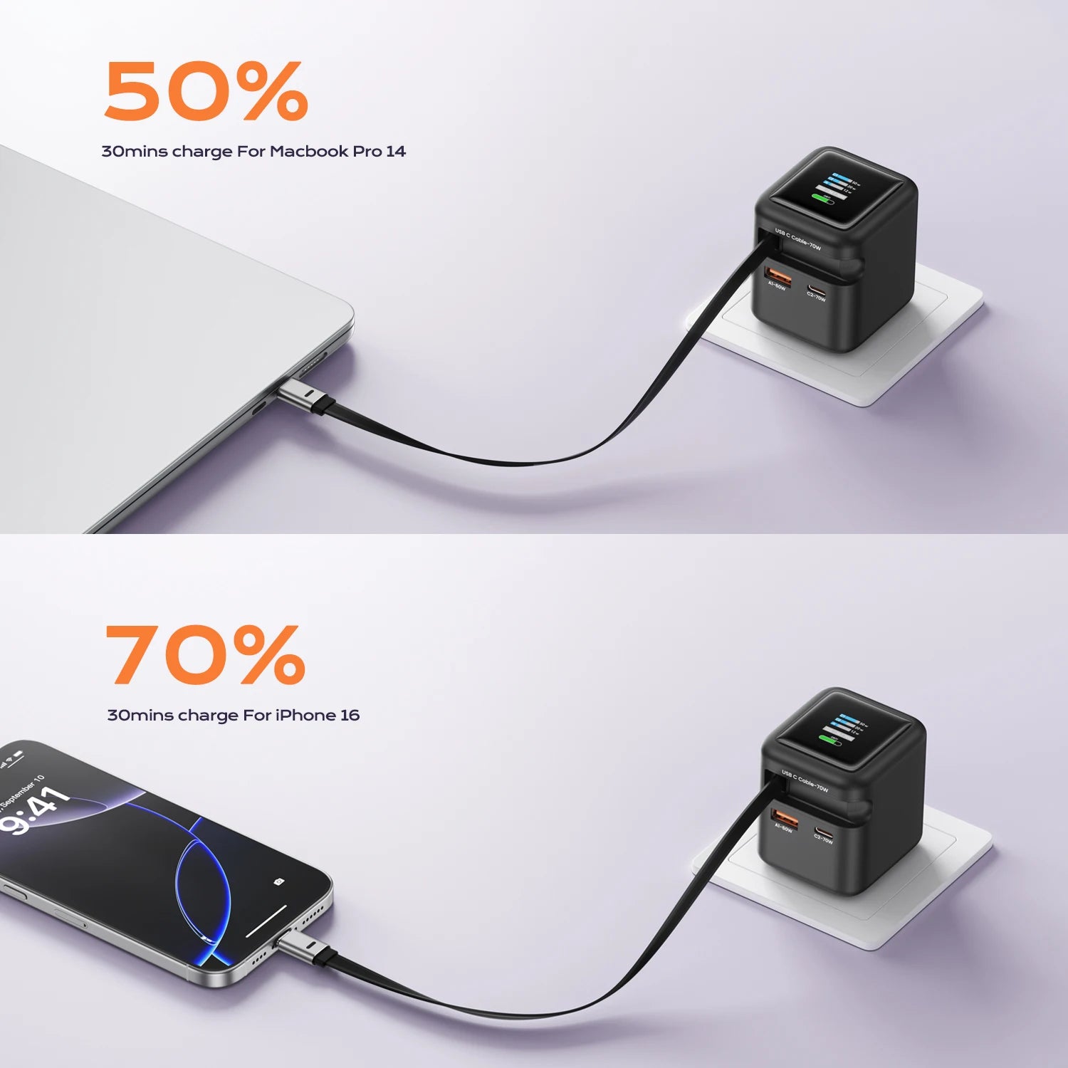 ASOMETECH 70W GaN Charger With Retractable Type C Cable 45W PD QC PPS Travel Charger for iPhone 16 Laptop Macbook Tablet Samsung
