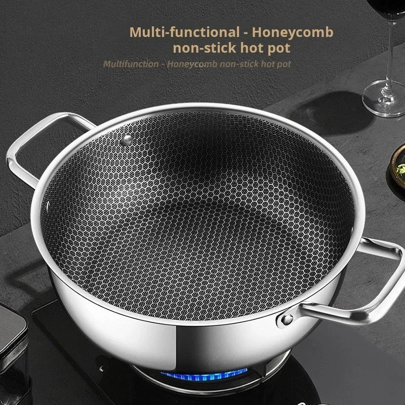 410 Stainless Steel Soup Pot wok Frying Pan Honeycomb Non-stick Panwith lid Home Hot Pan Induction Cooker Gas Stove Universal