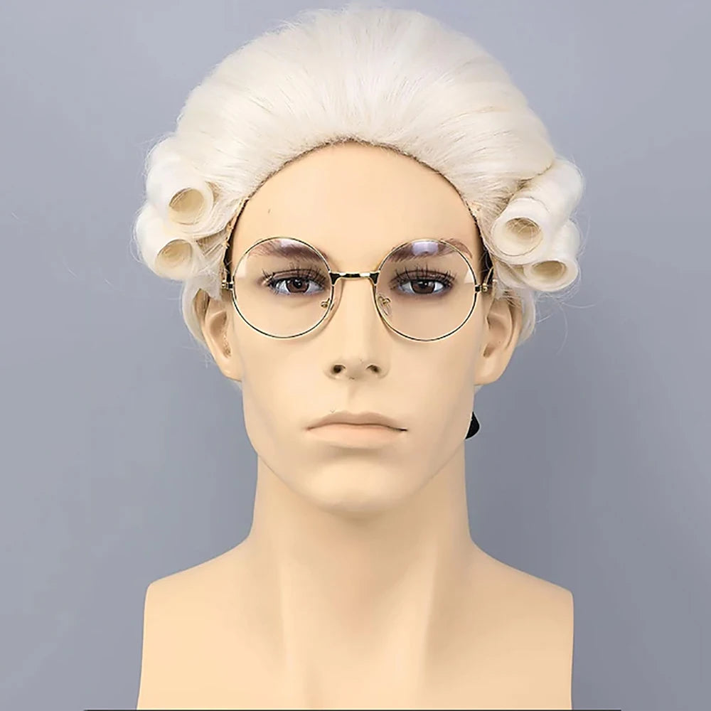 HAIRJOY Synthetic Hair Mens Judge Colonial Wig Long Blonde Powdered Wavy Wig Costume Cosplay Party White Wigs(no glasses)