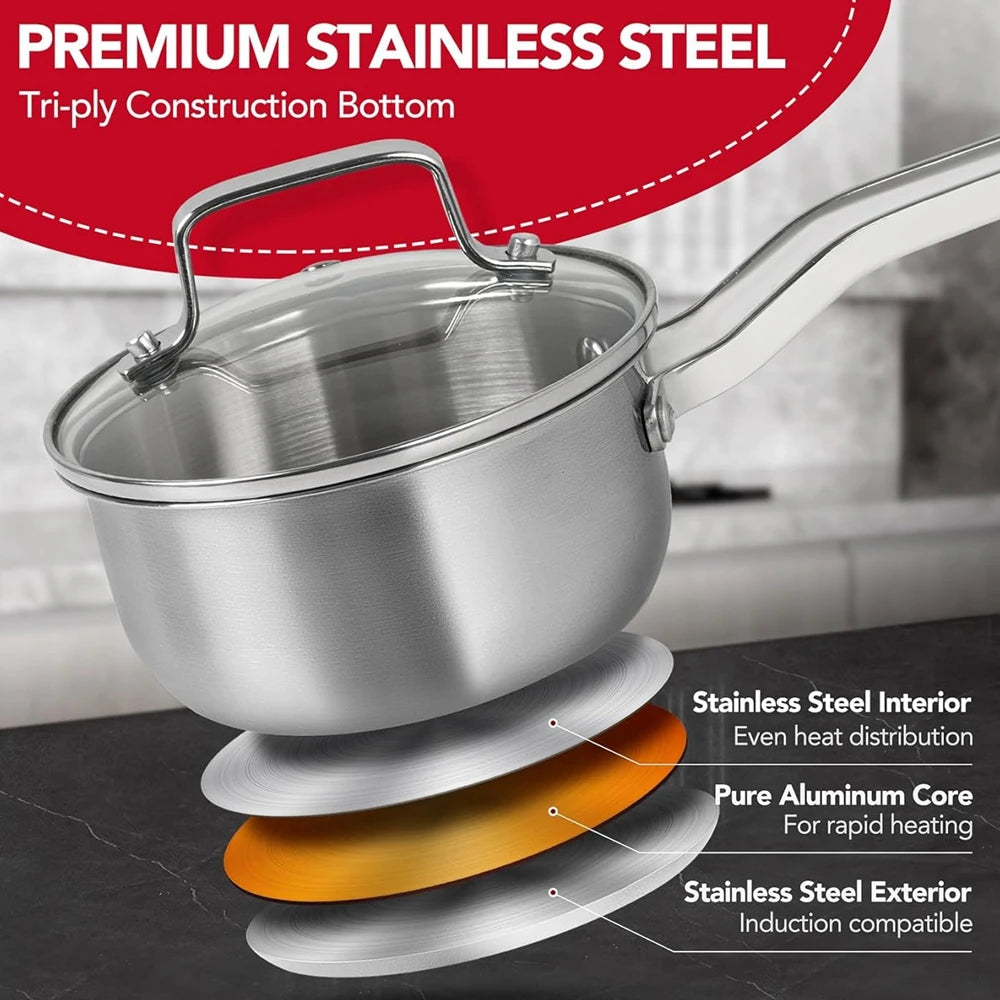 304 Stainless Steel SaucePan 1QT Induction Sauce Pan with Glass Strainer Lid Stainless Steel Sauce Pot Cooking Tools