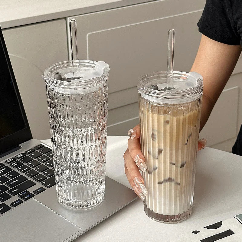 NEW Large-capacity glass cup, high appearance value, straw cup, with lid, suitable for iced Americano, latte, and juice