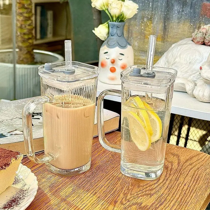 250ML transparent ins with handle glass cup stylish women's summer juice drink cup  striped with lid straw cup