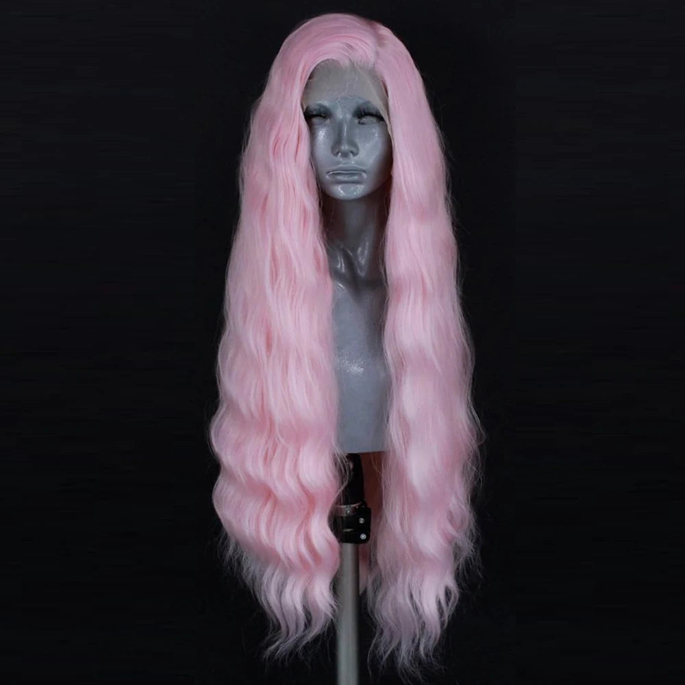 Pastel Pink Natural Wave Wig Synthetic Lace Front Wigs For Women Long Loose Curl Lace Hair Heat Resistant Cosplay Light Pink Wig