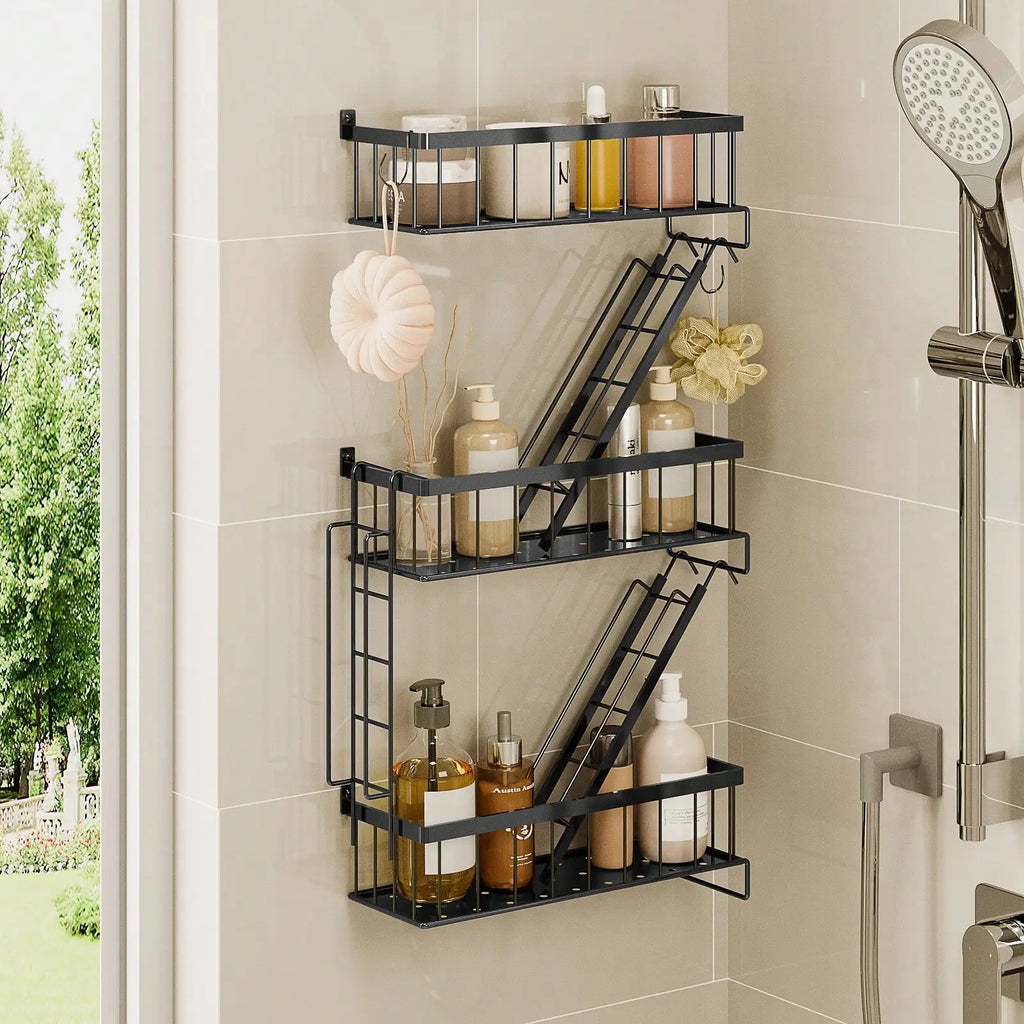 3-Tier New York Style Ladder Shelf Black Metal Floating Shelf for Bedroom Office Storage