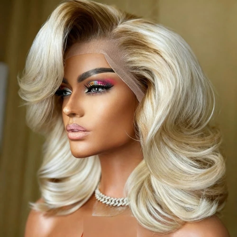Short Bob Body Wave Lace Front Wigs Human Hair for Women 13x4 Hd Ombre Brown Roots Ash Blonde Lace Front Wigs 250% Density