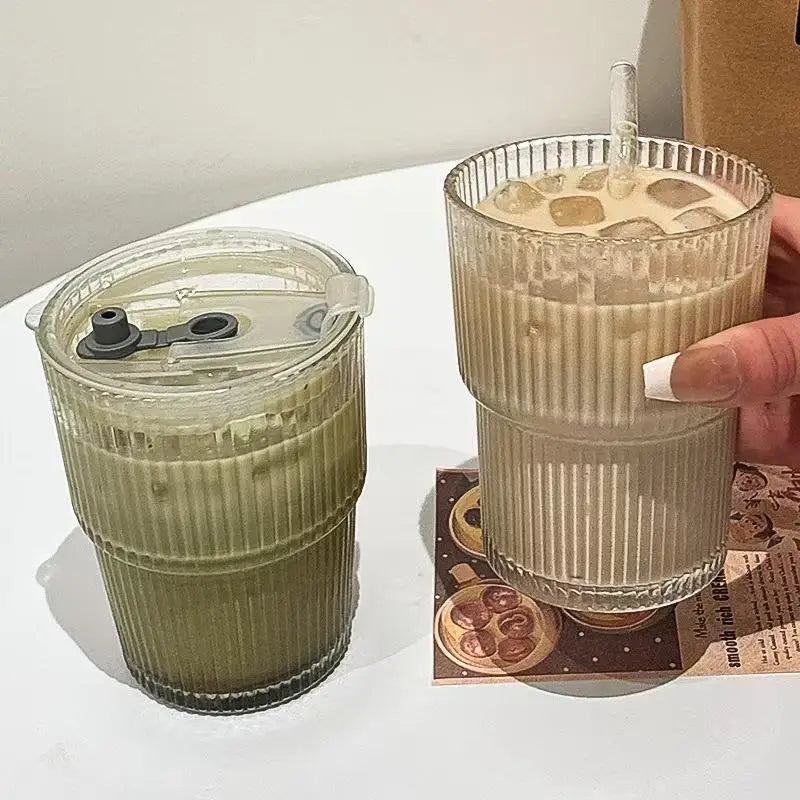 450MLTransparent Glass Coffee Mug with Lid and Straw, Stylish Vertical Stripes Design, Perfect for Iced Americano Latte Milk Tea