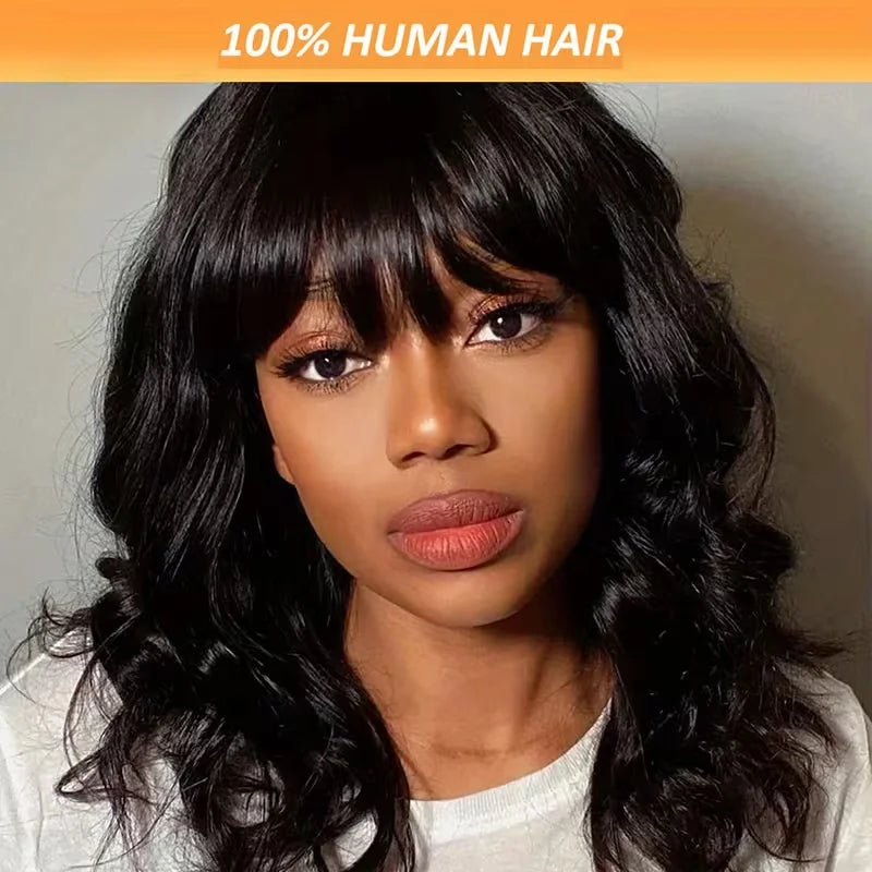 Body Wave Bob Wig With Bangs Short Full Machine Made Human Hair Wigs 220% Density Loose Body Wave Brazilian Natural Black Color