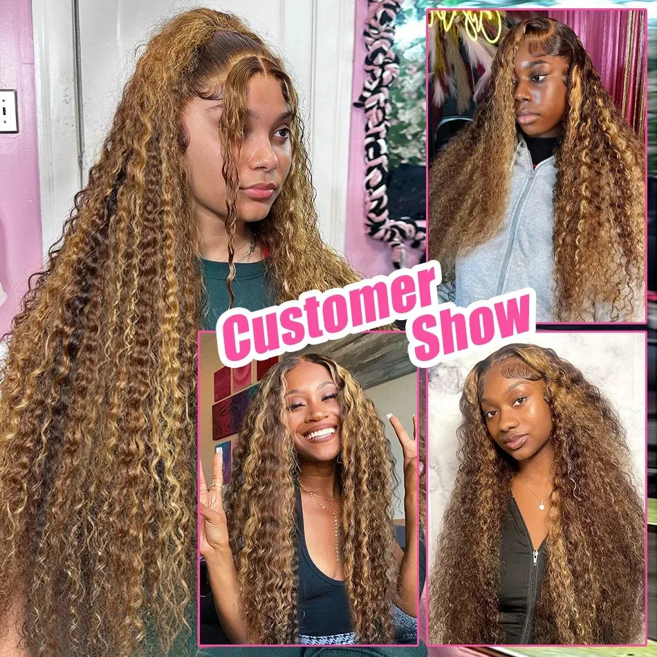 250% Density 34Inch 13x4 Honey Blonde Deep Wave Lace Front Wigs Human Hair 5x5 Put On And Go Gluless Deep Wave Lace Closure Wigs