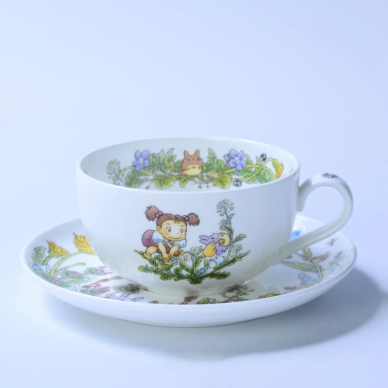 Bone China Dinner Plate Anime Cup and Saucer Set Coffee Mug Cute Cartoon Pattern Ceramic 9.5 Inch Dish Household Tableware Gift