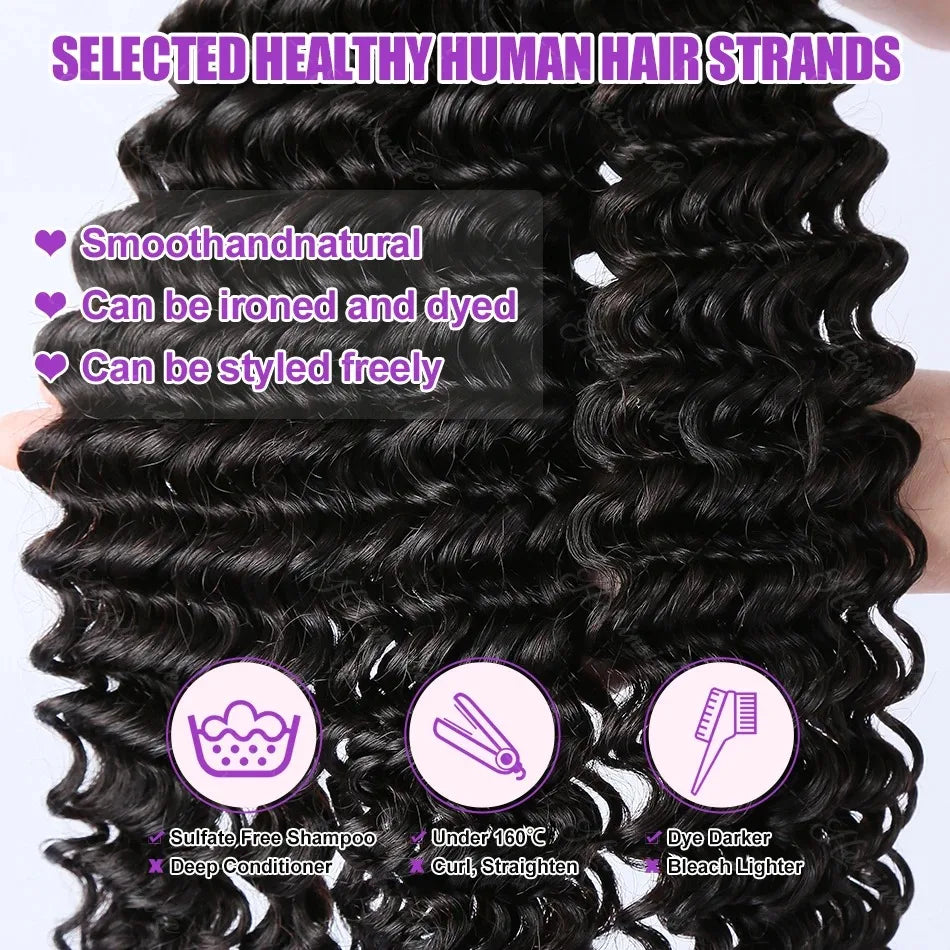 GOWIK Remy 30 32 32Inch Deep Wave Human Hair Bundles Brazilian Unprocessed Weaving Curly Hair Bundles 1 3 4 Extensions Deals