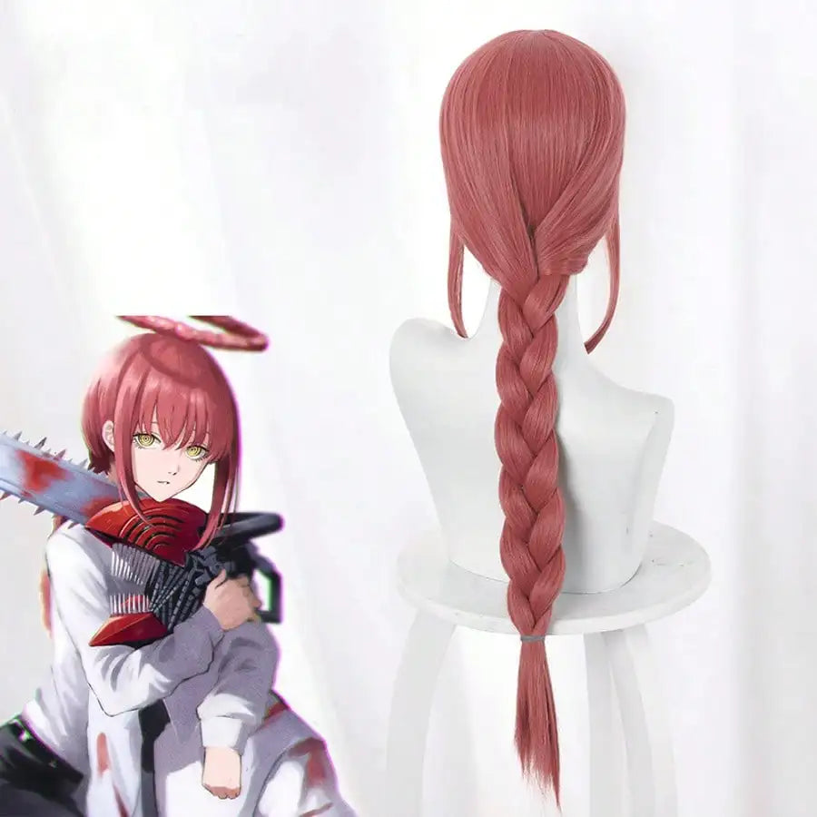Long Dark Pink Makima Wig Synthetic Anime Cosplay Wigs With One Braid Heat Resistant Cosplay Synthetic Wigs Halloween Party