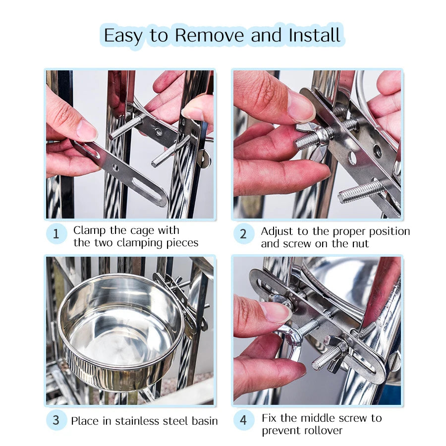 Bird Feeder Parrot Rabbit Hamster Pet Food Dish Water Cup Stainless Steel Clamp-on Water Drinker Cage Cup Hanging Bowl
