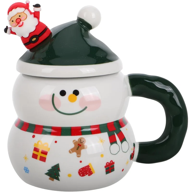 Snowman Mugs with Lid: Porcelain Christmas Coffee Mugs with Spoon for Coffee Hot Chocolate - Christmas Ceramic Cute Drinkware