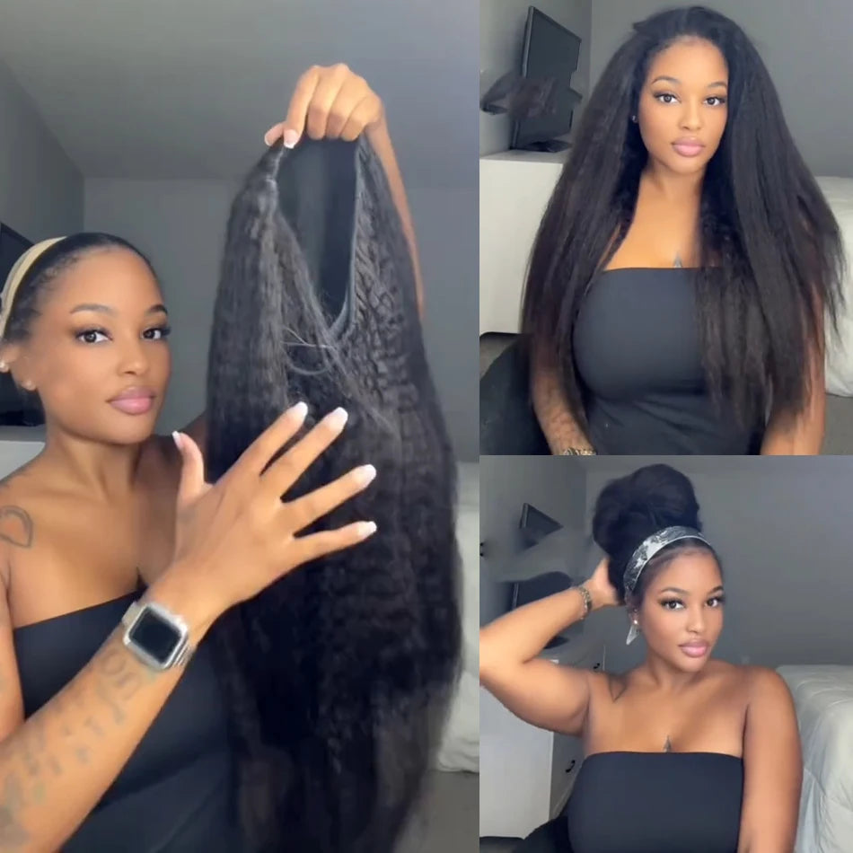 Kinky Straight Half Wig 3 In 1 Half Wig With Drawstring Flip Over Half Wig Yaki Straight Glueless Wigs Ready to Wear 250 Density