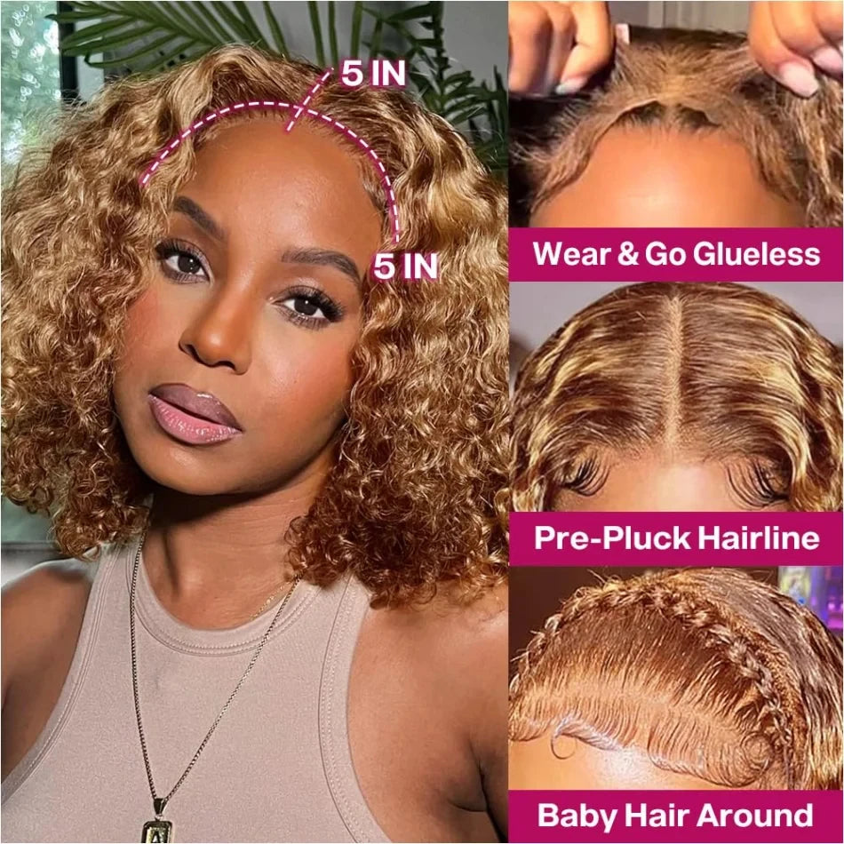 Curly Short Bob Wig Highlight 4/27 Honey Blonde 100% Human Hair 5x5 Glueless Closure Wig Deep Wave For Women Virgin Human Hair