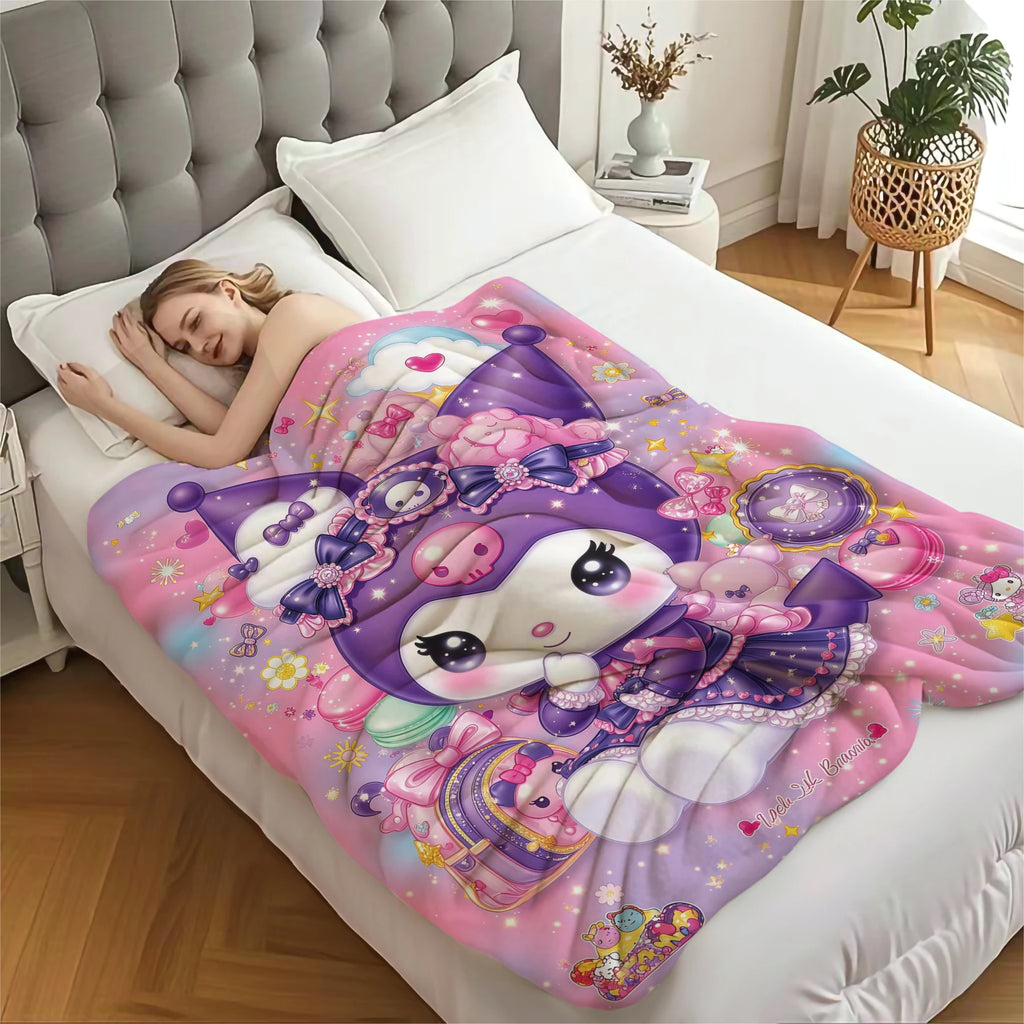Kuromi Lolita Style Cartoon Blanket Cute Girlish Heart Flannel Throw Blanket Nap Blanket For Home Office Travel All-season Use