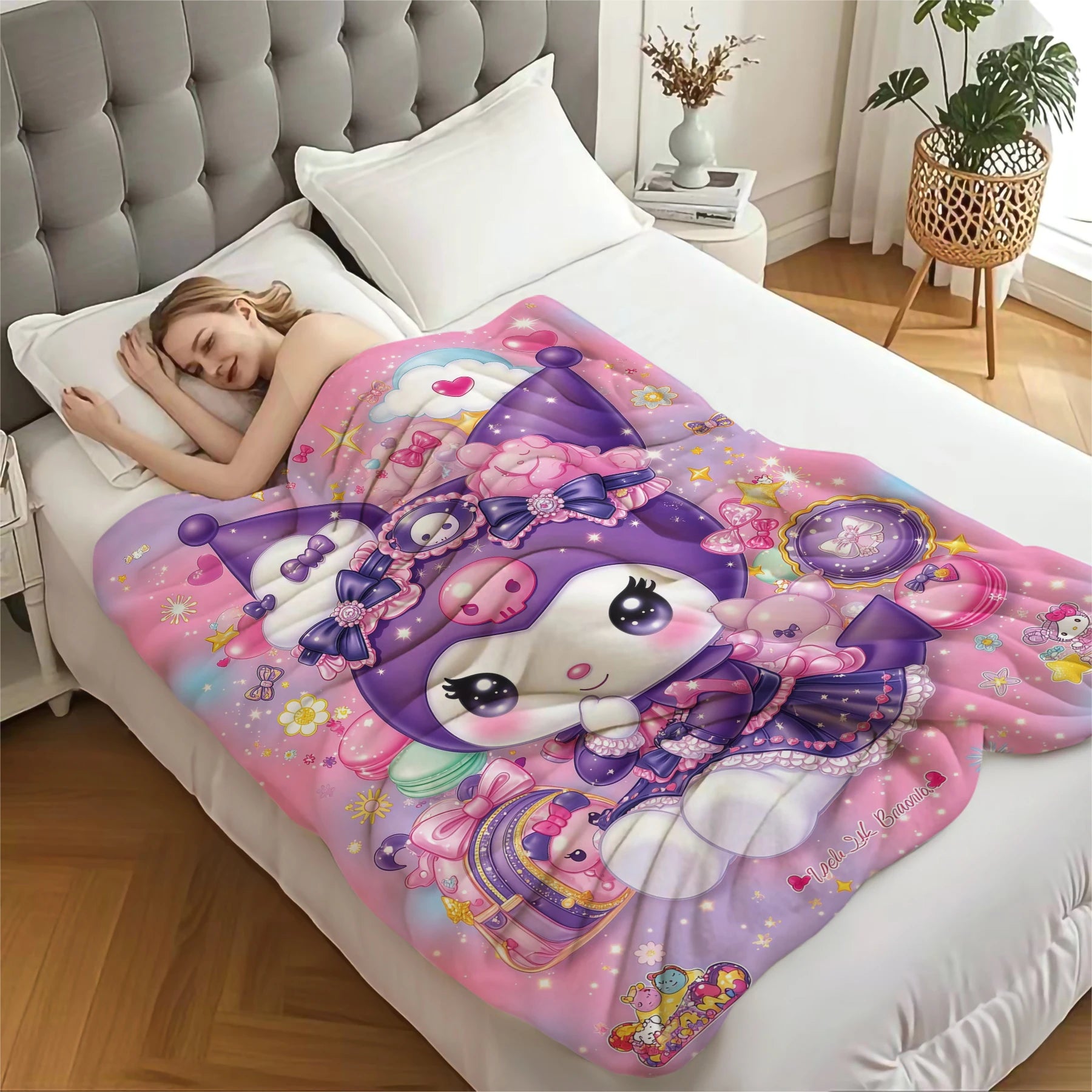 Kuromi Lolita Style Cartoon Blanket Cute Girlish Heart Flannel Throw Blanket Nap Blanket For Home Office Travel All-season Use