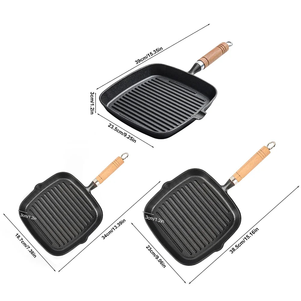 Cast Iron Grill Pan Non-Stick Square Skillet with Drip Spout with Wooden Handle for Indoor & Outdoor Grilling