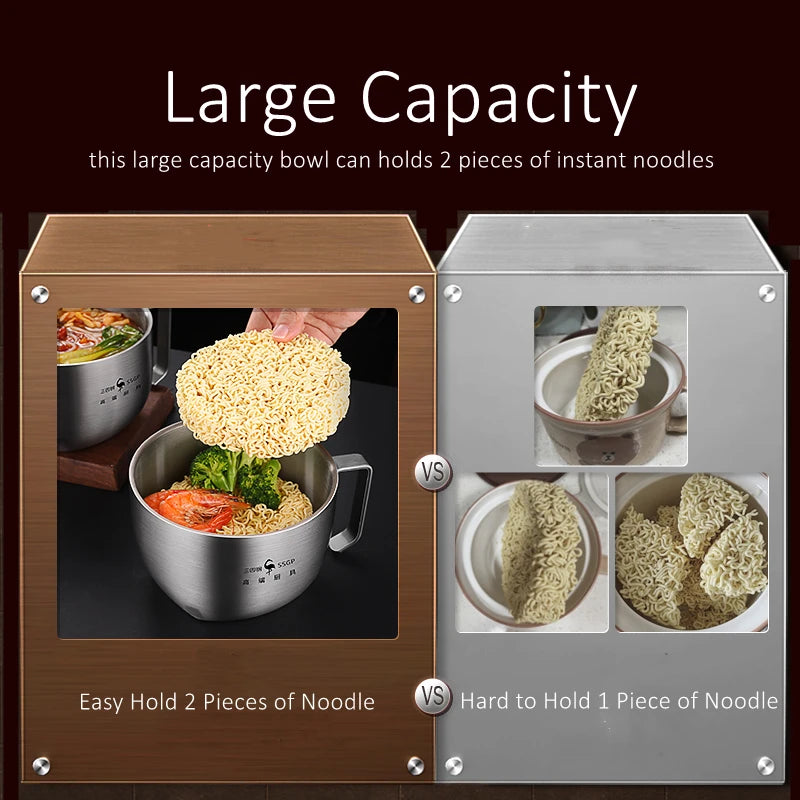 3 in 1 304 Stainless Steel Instant Noodle Bowl LFGB Certification 1100ml Ramen Bowl with 800ml Cover Heat Insulation Dinerware