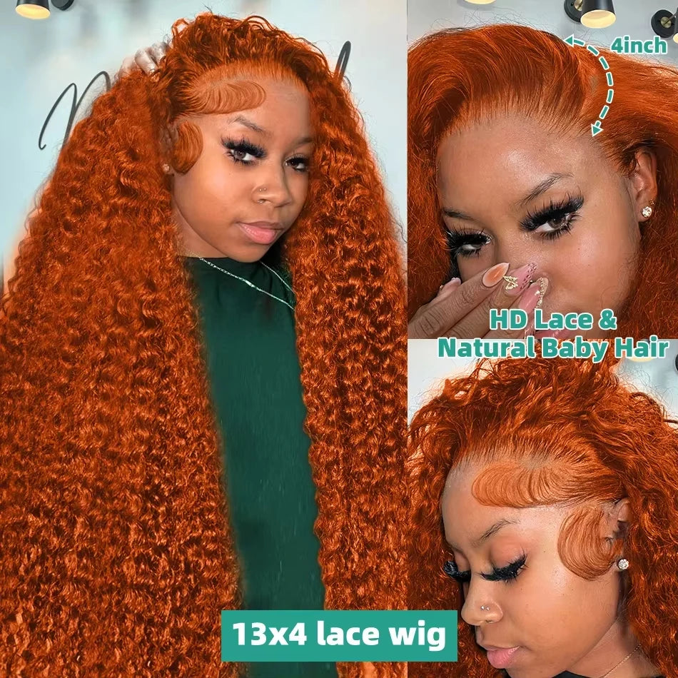 Ginger Orange Lace Front Curly Human Hair Wig Water Wave 200 Density 13x4 13x6 Deep Wave HD Lace Frontal Wig For Women Brazilian