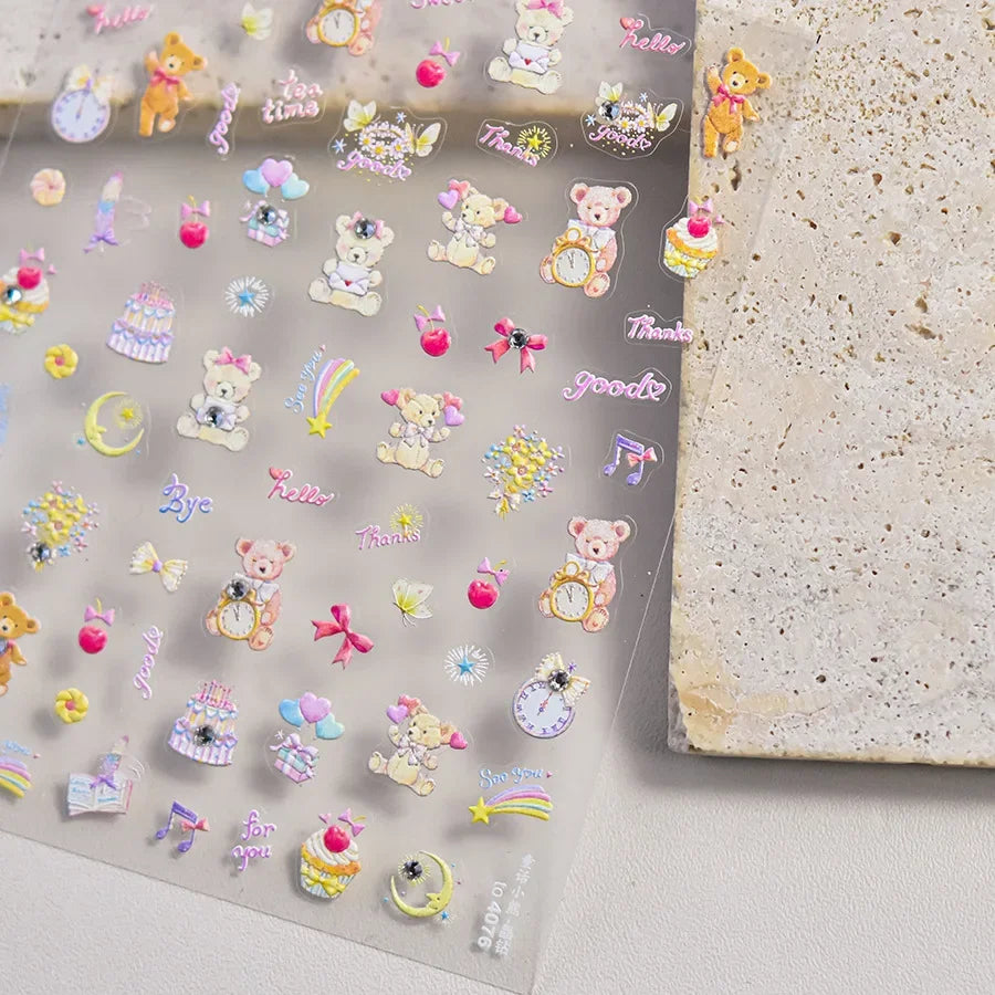 Lovely Animal Graffiti Cat Claw Rabbit Bunny Bear Dog Flower Fruit Dim Sum Candy Sunflower Adhesive 5D Nail Art Stickers Decal