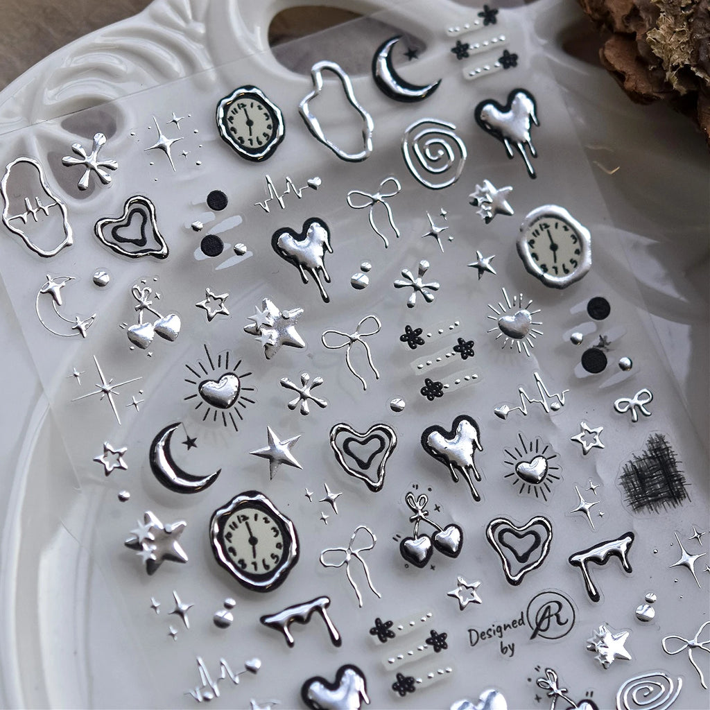 Silver Lava Annual Ring Cherry Clock Watch Starburst Love Heart Rate Chart Moon Star Line  Bowknot Line Nail Art Stickers Decals