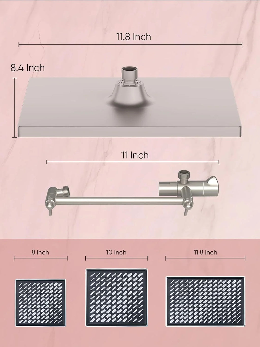 11.8-inch rain shower head, 6-mode handheld spray, high-pressure shower combination, with 11-inch adjustable extension arm, brus