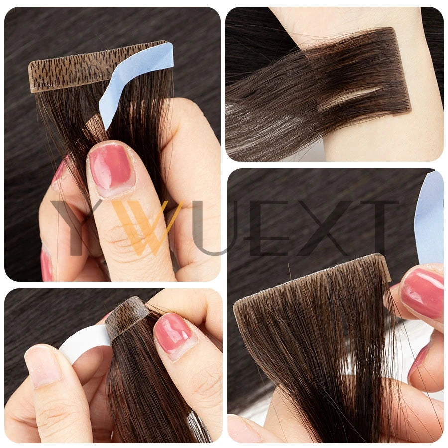 YWUEXT Invisible PU Skin Weft Hair Extensions Natural Straight Machine Remy Seamless Adhesive Tape In Human Hair 10pcs/pack