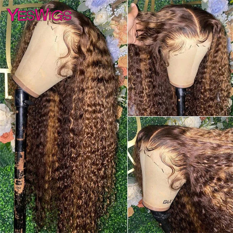 HD 13x6 Brown Lace Front Wig Honey Blonde Deep Curly Human Hair Wigs Highlight Wig 100% Human Hair Water Wave Lace Frontal Wig