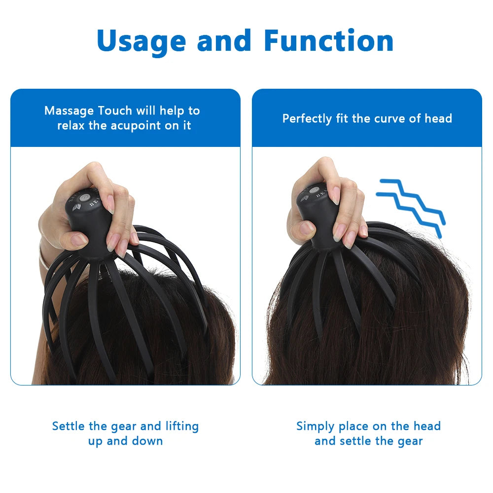 Electric Octopus Claw Scalp Massager with 12 TPE 3D Arms 3 Speed Gears USB Charging 15-Min Auto-Shutoff Stress Fatigue Relief