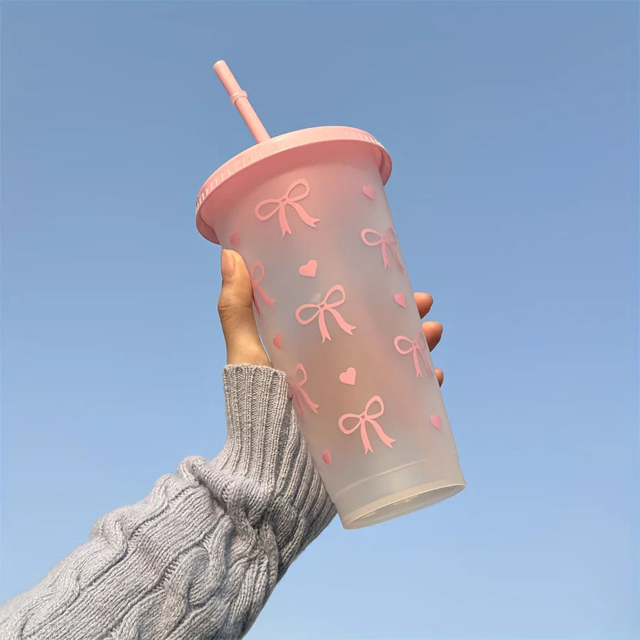 1/2/5pcs Kawaii Bow Reusable Party Cups with Straw & Lid Coffee Juice Tea Cute Tumbler With Straw Plastic Cups Summer Gifts