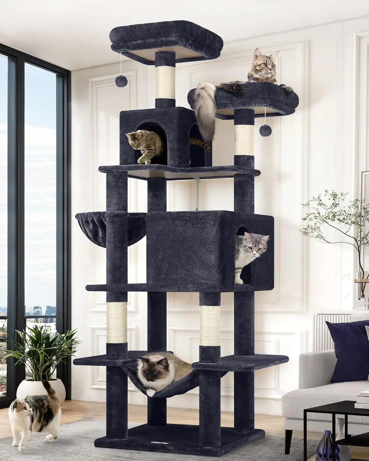 76-Inch Tall Cat Tree Tower with Condos, Hammock & Perches for Adult Cats - Multi-Level Furniture for Climbing & Play