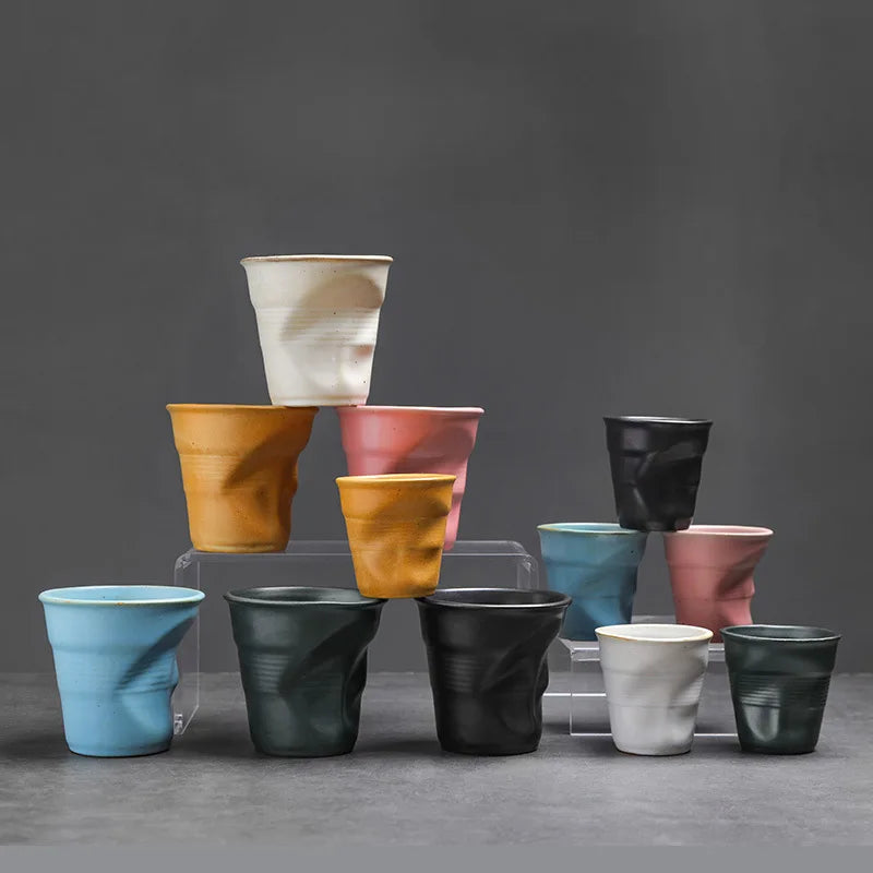 90/200 Ml Espresso Cup Cross-border Creative Retro Coarse Pottery Hand Pleated Latte Cup in Antique Ceramic Teacup Kitchen Tools