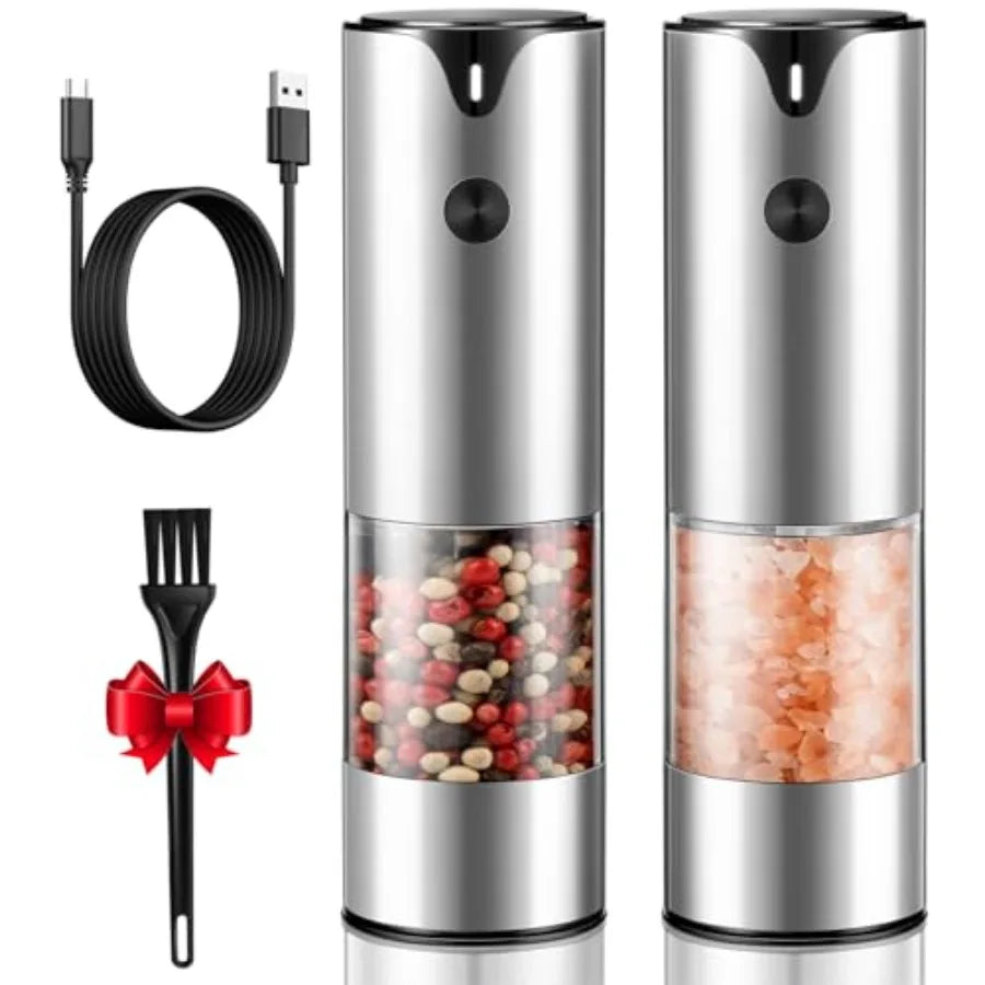 Rechargeable Electric Salt and Pepper Grinder Set with Extra Large Capacity Automatic Black Peppercorn Sea Salt Spice Mill in B
