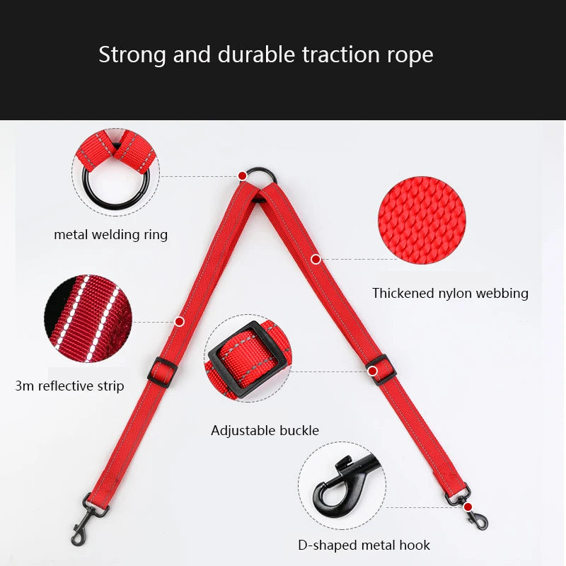 Double Dog Leash,No Tangle 360°Rotation Reflective Adjustable Length Dual Two Dog Lead Splitter,Shock Absorbing Walking Training
