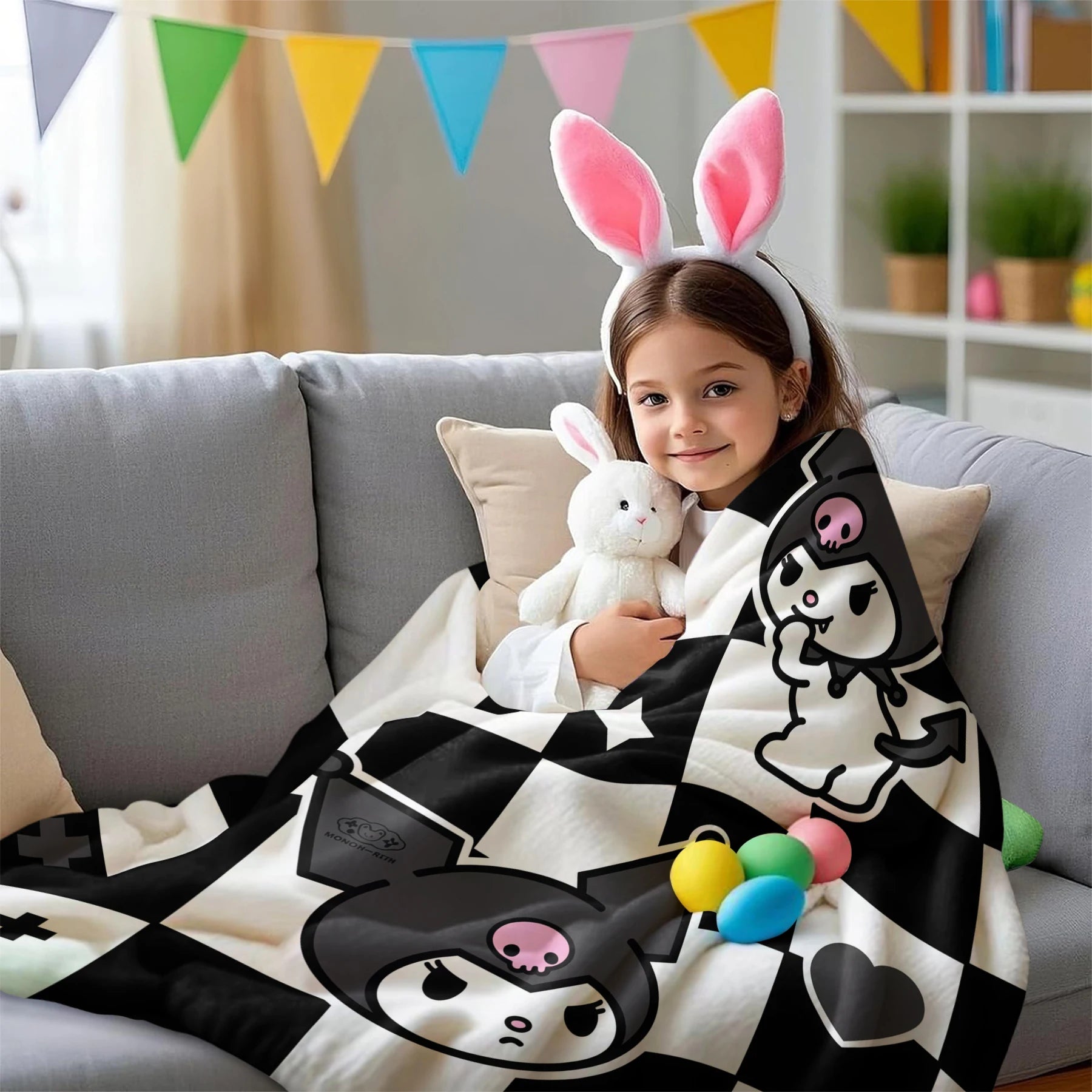 Kuromi Flannel Blanket Black White Checkerboard Cartoon Pattern Cozy Plush Throw for Bed Sofa Multi-purpose for Sofa Bed Office