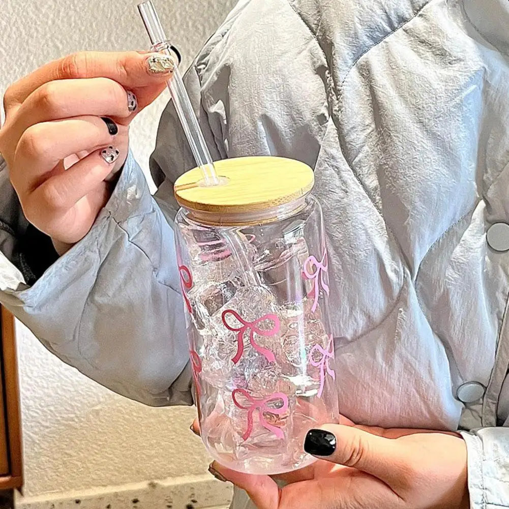 Cute Bow Glass Cup Tumbler Mason Jar Shaped Water Bottle With Lids Straw Coffee Cups Party Gift for Iced Coffee Juice Cup Gift