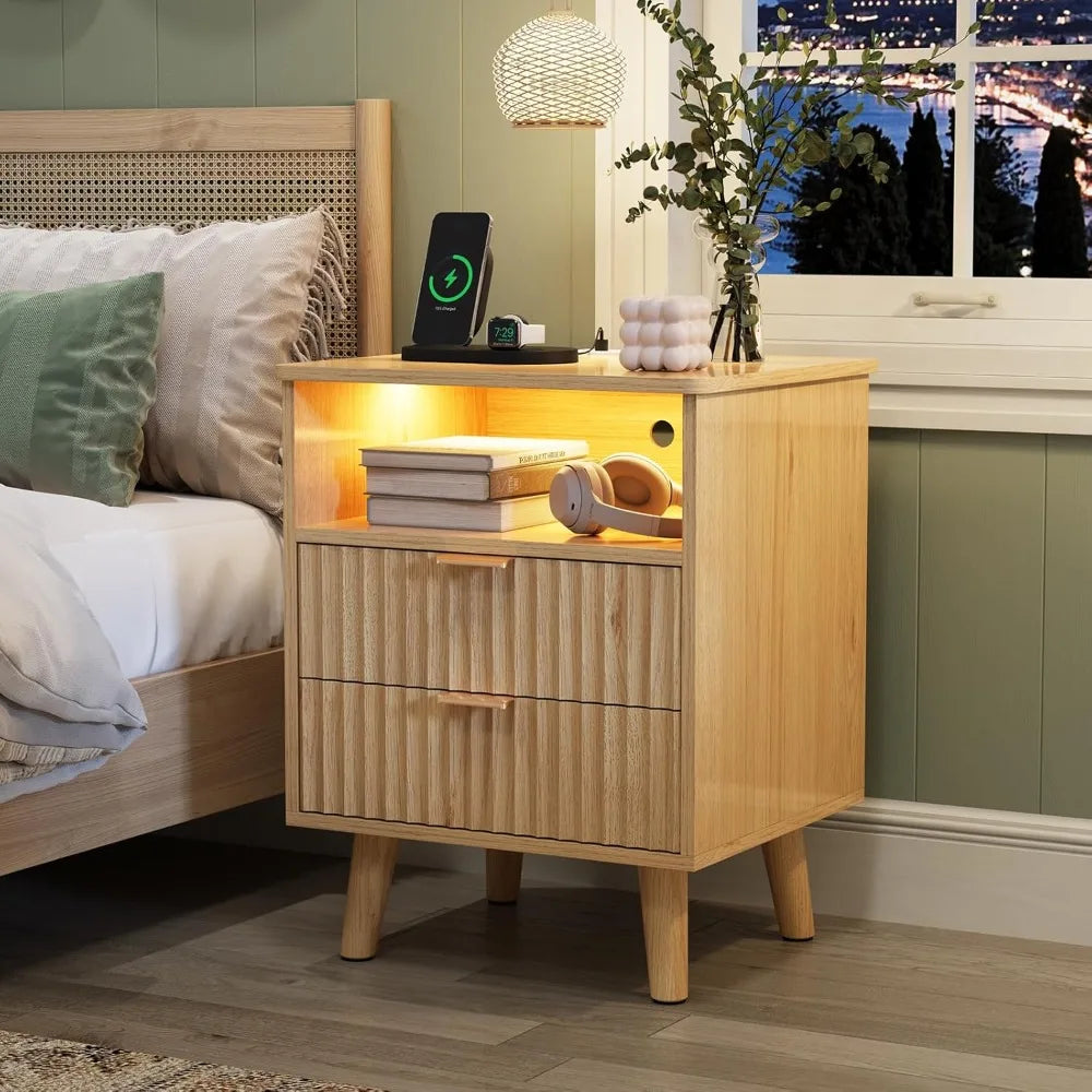 Fluted Nightstand Set of 2 with Charging Station,LED Nightstand with 2 Drawers and Open Storage Cubby, Modern Bedside，Customized