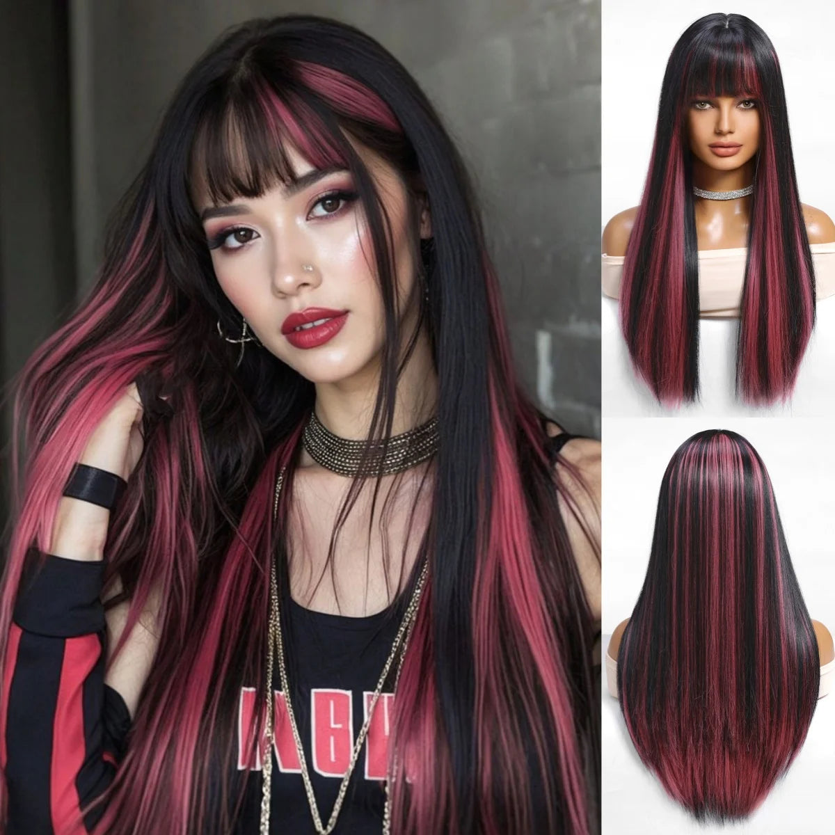 Allbell Magique Mint Green Long Straight Synthetic Wig With Blunt Bangs Natural Look Green Cosplay Wig For Women Versatile Daily